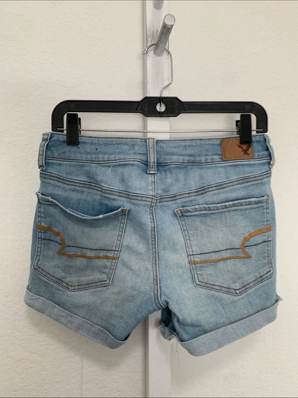 American Eagle Super Super Stretch Light Blue Denim Midi Shorts